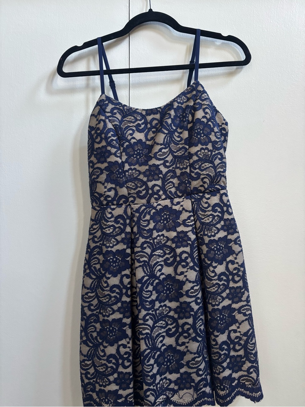 Windsor Navy Lace Overlay Nude Lined Mini Dress